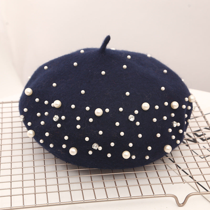 Women Knitted Beaded Luxury Beret with Pearls Fashion