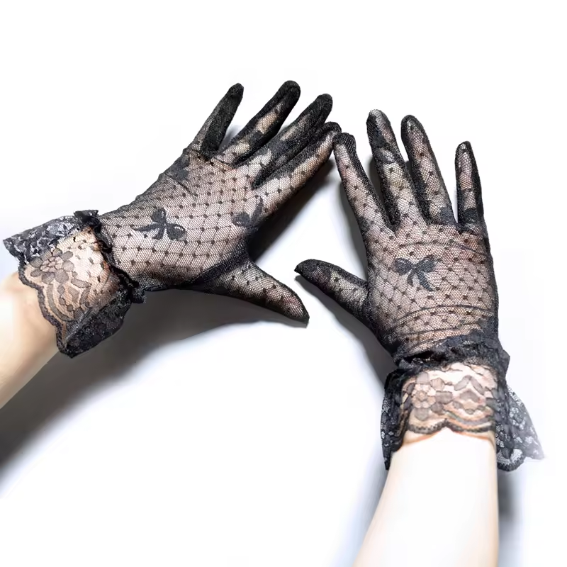 Women Black Bowknot Jacquard Glove