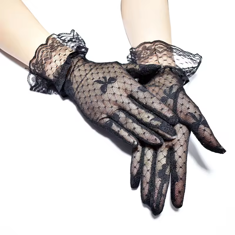 Women Black Bowknot Jacquard Glove