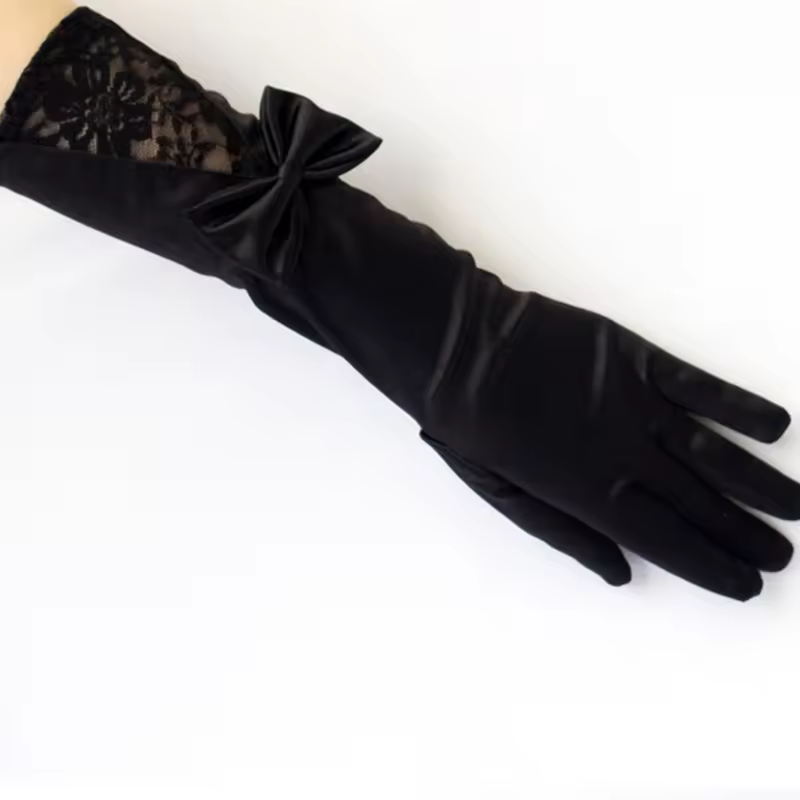Bow Lace Satin Gloves Dance Performance Black Satin Fabric