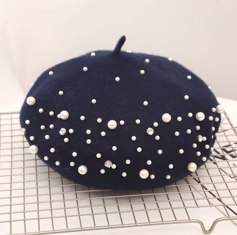 Women Knitted Beaded Luxury Beret with Pearls Fashion