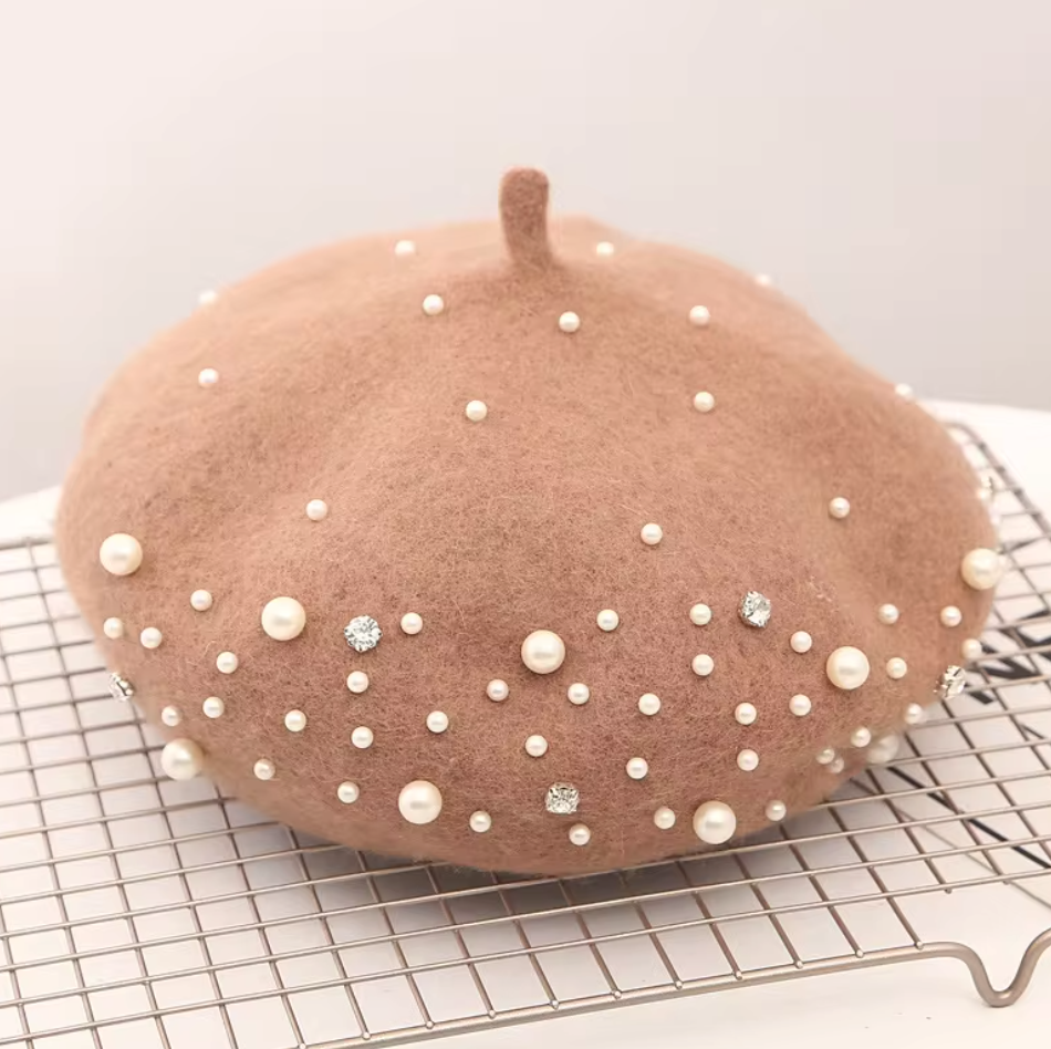 Women Knitted Beaded Luxury Beret with Pearls Fashion