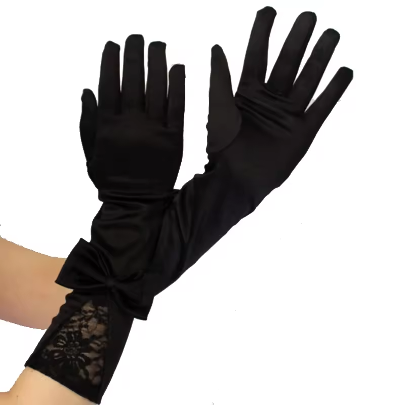 Bow Lace Satin Gloves Dance Performance Black Satin Fabric